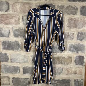Derek Heart Plus Striped Shirt Dress Woman's 2X Button Up Belted‎ Blue Yellow